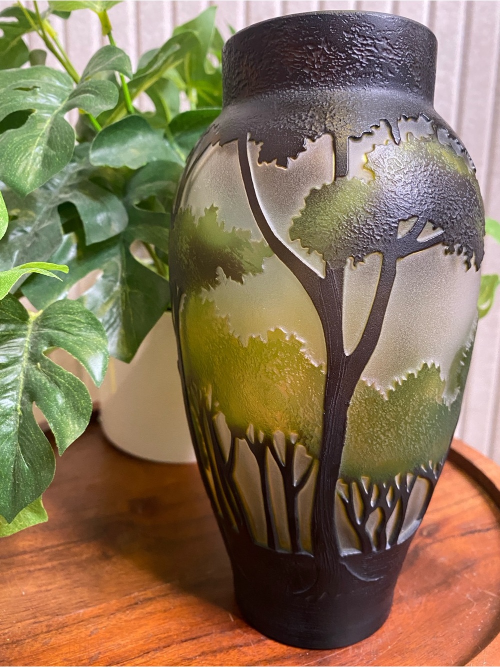 Galle Style Art Nouveau Cameo Woodland Landscape Glass Vase 8”
